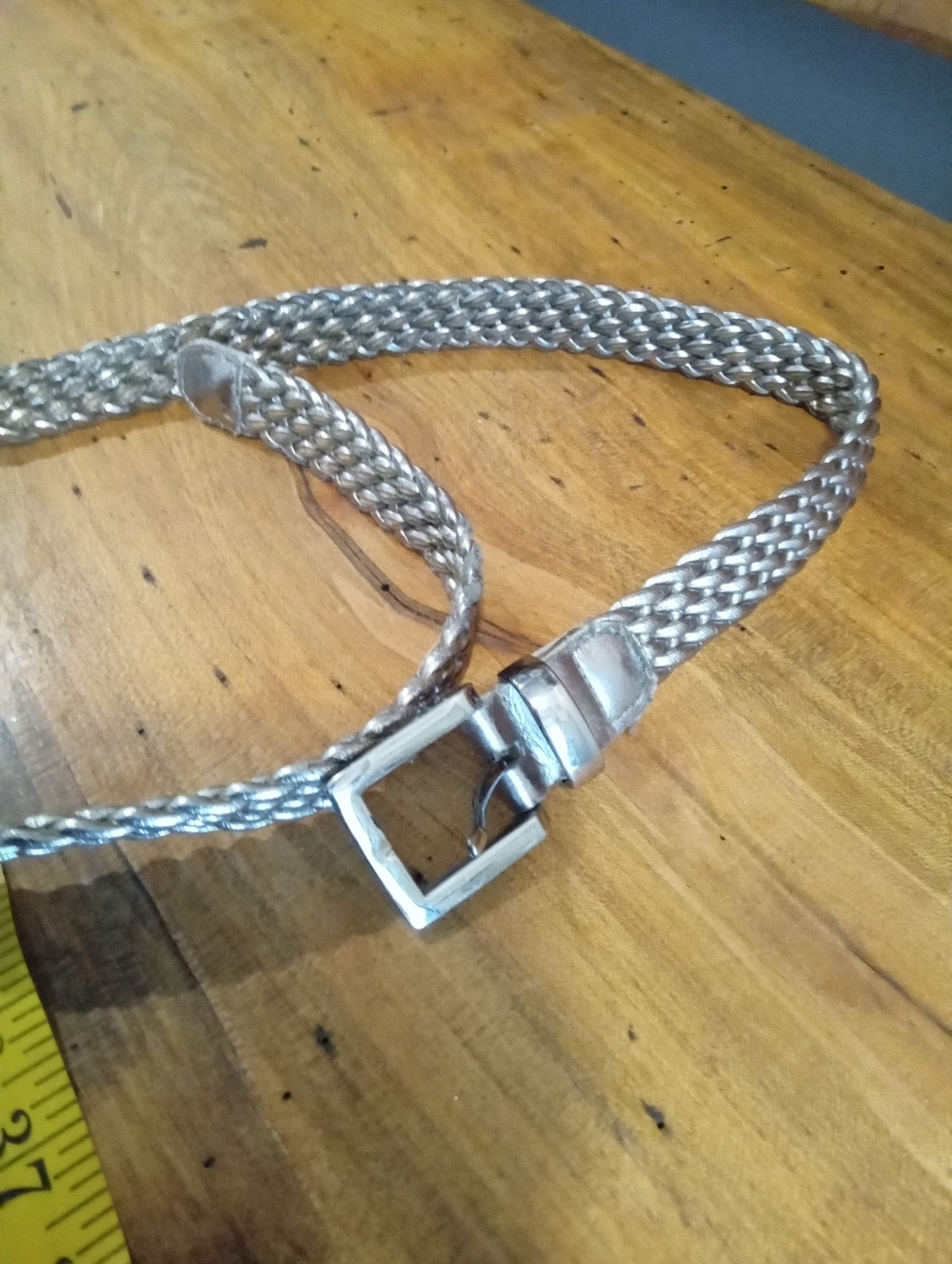 Braided Metallic Silver Faux Leather Belt - Square Silver B